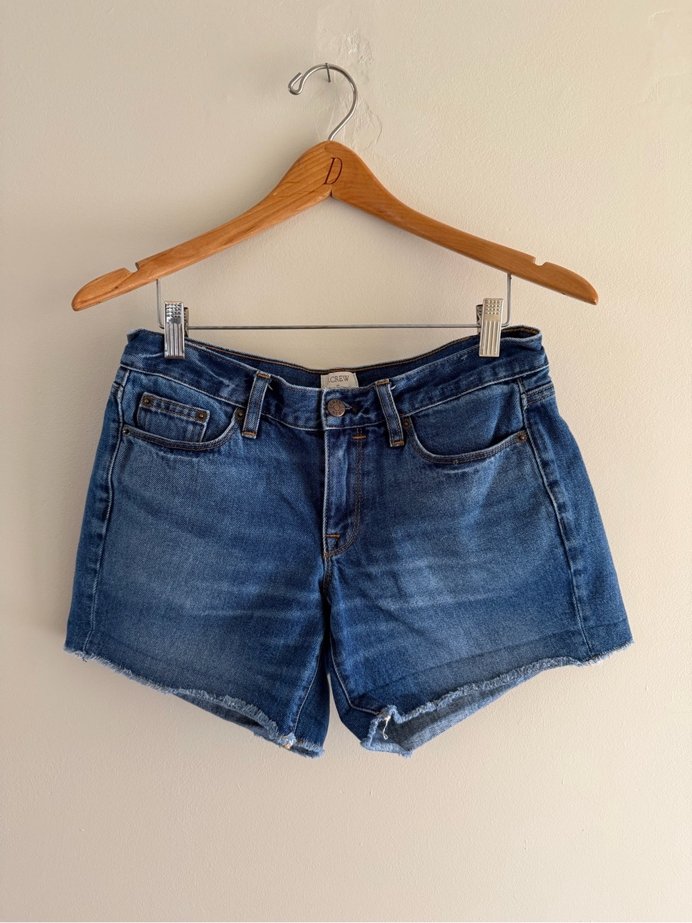 J. Crew Mid-Rise Frayed Hem Denim Shorts in Dark Blue